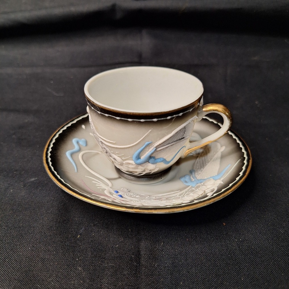 Vintage Moriage Dragonware Demitasse Cup and Saucer Set Grey Black Gold‎